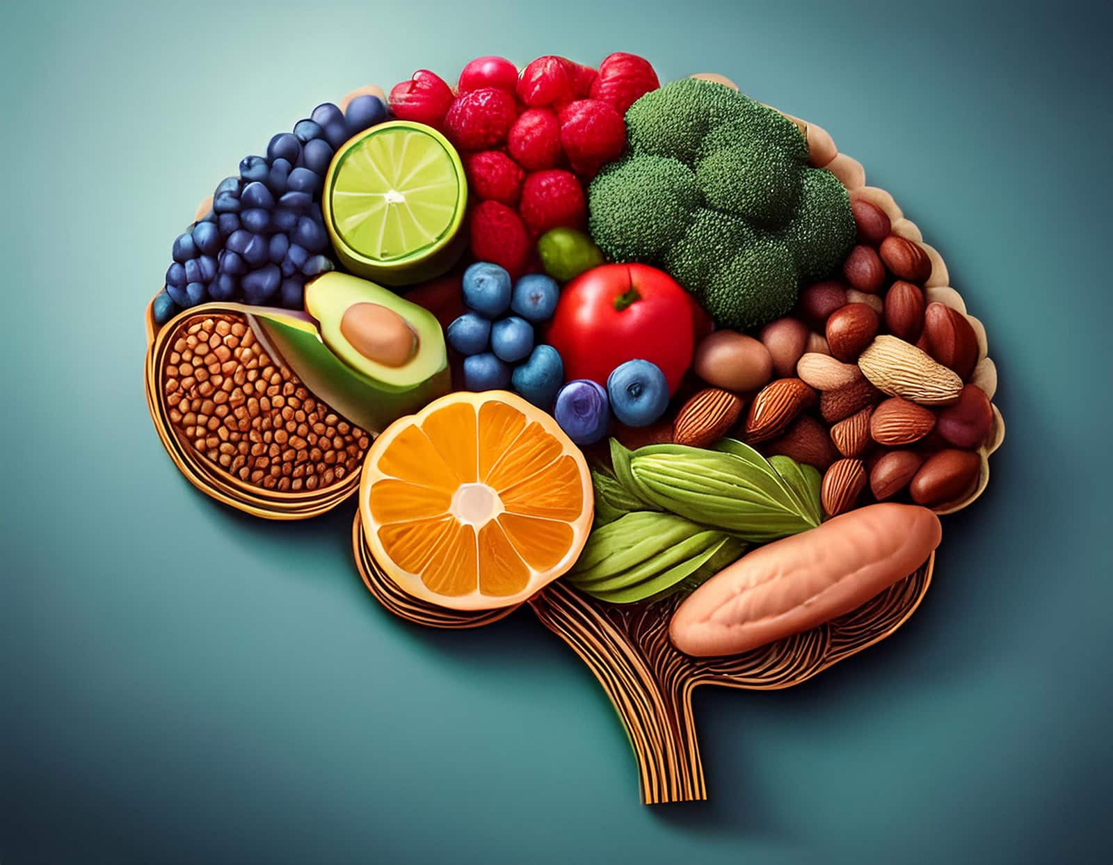 Neuroplasticiteit en Visuele Trainingstechnieken met Kim Rooms 1 Een afbeelding van gezond voedsel zoals noten bessen en groenten die bekend staan om hun voordelen voor hersengezondheid en zicht web