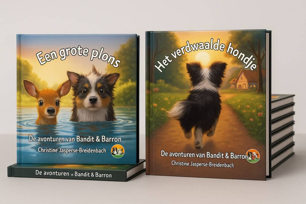 Na het ‘Het verdwaalde hondje’ is er nu het vervolg: ‘Een grote plons’. 3 Boekjes samen Christine cover 3d